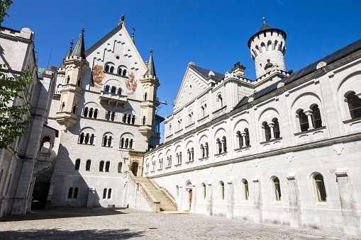 Schloss Neuschwanstein (New Swanstone Castle), a 19th-century Romanesque Revival palace commissioned by Ludwig II of Bavaria near Fussen, Germany