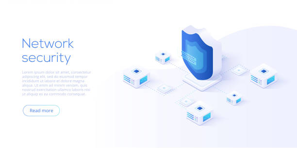 네트워크 데이터 보안 아이소메트릭 벡터 일러스트 레이 션. 데이터 센터 또는 blockchain 온라인 서버 보호 시스템 개념. 보안 암호 인증 인터넷을 통해 은행 거래. - data center network server lock stock illustrations