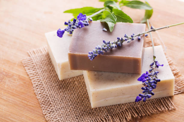 Handmade soap bars with lavender flowers, Closeup