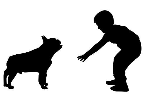 Boy wants to stroke dog (bulldog) silhouette, vector