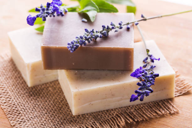 istock Handmade soap bars with lavender flowers, Closeup 1024775238