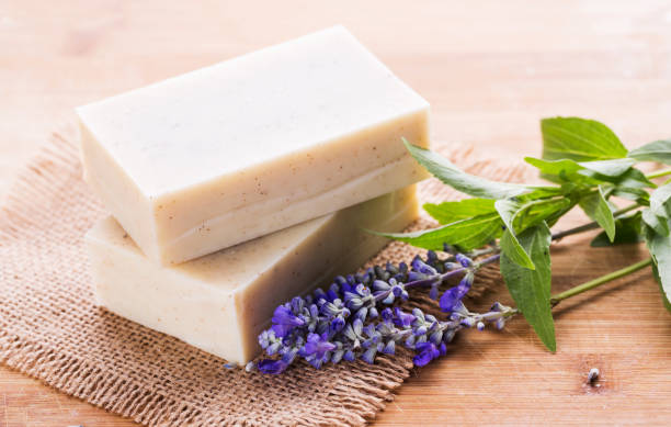 istock Handmade soap bars with lavender flowers, Closeup 1024775470