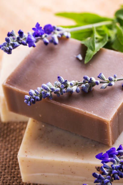 istock Handmade soap bars with lavender flowers, Closeup 1024775572