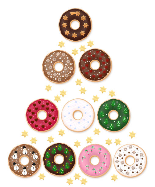 illustrazioni stock, clip art, cartoni animati e icone di tendenza di albero di natale delle ciambelle. collezione speciale con dieci ciambelle decorate festose. buon natale! - deco decoration christmas christmas tree