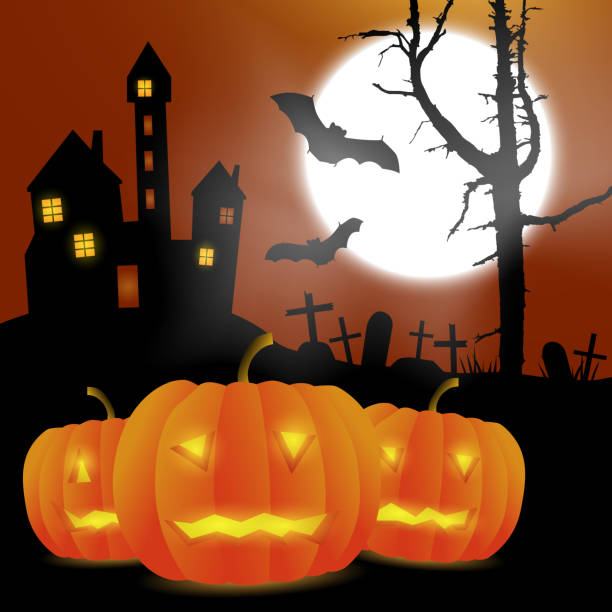 istock Scary vector haloween landscape with haunted house, graveyard and carved pumpkins in full moon. 1024780372