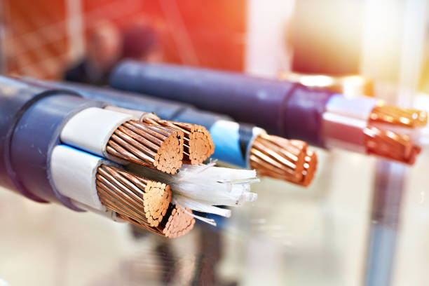Large copper power cable in section Large copper power cable in section closeup wire stock pictures, royalty-free photos & images
