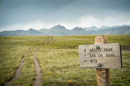 Continental Divide and Colorado Trail signage in the San Juan Mountains, Weminuche Wilderness, Rocky Mountains, Silverton, CO, USA