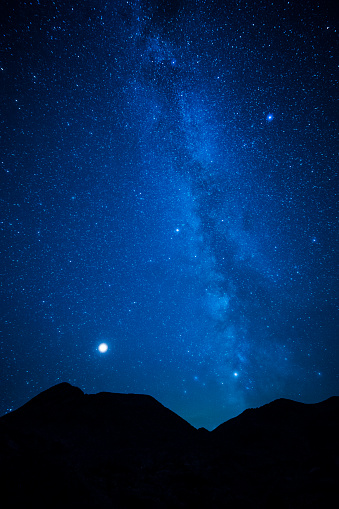 Milky Way and Venus star shining over silhoutted mountains, San Juan Mountains, Weminuche Wilderness, Rocky Mountains, Silverton, CO, USA