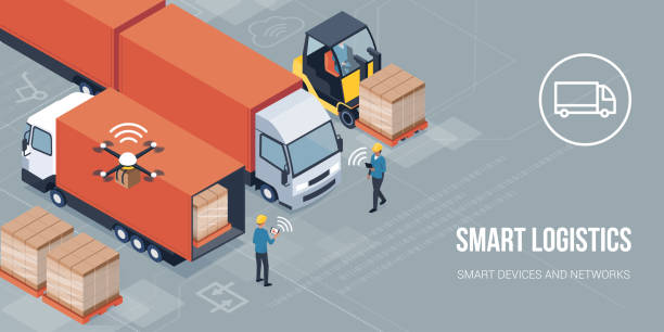 ilustrações de stock, clip art, desenhos animados e ícones de smart logistics and product delivery - distribution warehouse illustrations