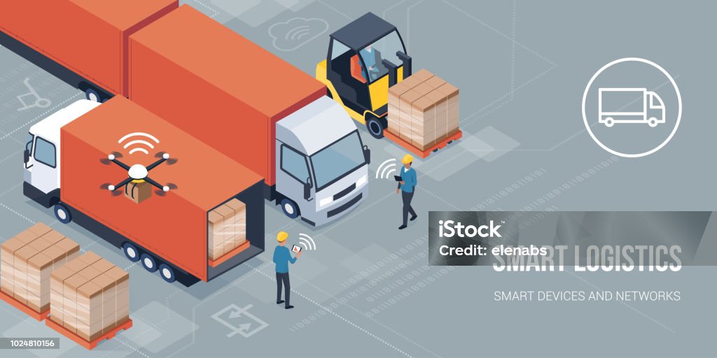 Smart logistics and product delivery Workers loading products on the trucks and tracking delivery with a tablet: smart logistics and transportation concept Distribution Warehouse stock vector