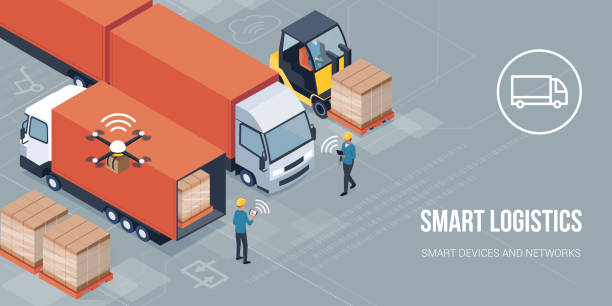 Smart logistics and product delivery Workers loading products on the trucks and tracking delivery with a tablet: smart logistics and transportation concept drone illustrations stock illustrations