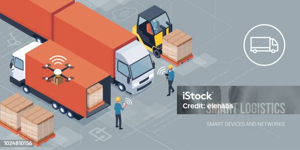 Smart Logistics And Product Delivery Stock Illustration - Download Image Now - Distribution Warehouse, Internet of Things, Truck