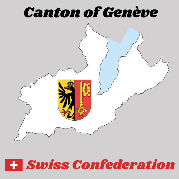 ilustraciones, imágenes clip art, dibujos animados e iconos de stock de mapa de contorno y capa de brazos de ginebra, el cantón de suiza con texto nombre cantón de ginebra y suiza. - geneva canton