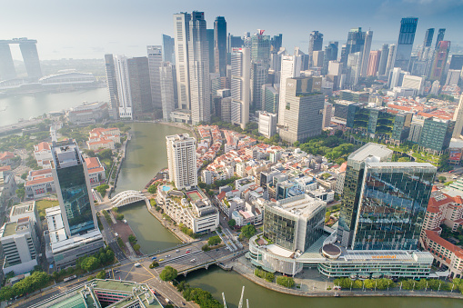 Panoramic view of the Singapore Skyline and Marina Bay, the marina is the centre of the economy in singapore, there are here all the building of all the majors bank and insurance.