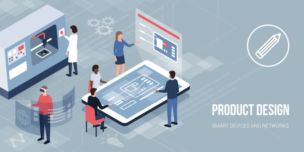 Innovative product design and prototyping Engineers and designers working on a new product, accessing virtual reality and printing with a 3D printer: innovative product design and prototyping 3d printing lab stock illustrations