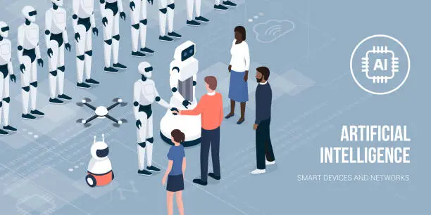 Vector illustration of Business people meeting AI robots