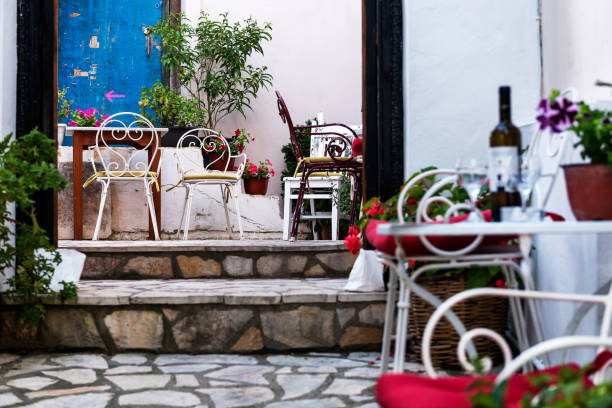 Tables at streets of Parga, Greece