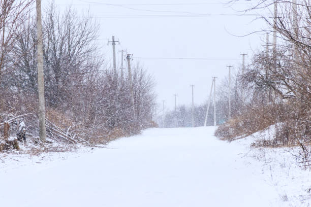 istock Snowy rural street during snowfall 1024829074