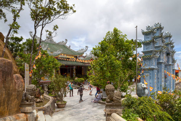 Bà Nà Hills, Vietnam - August 22 2018: The Linh Ung Pagoda in the Bà Nà Hills, near Da Nang, Vietnam. Bà Nà Hills are located in the Truong Son Mountains, which are part of the Annamite Range.