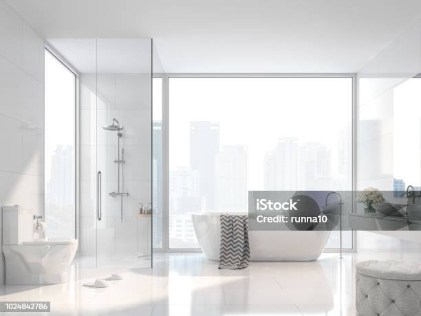 Modern White Bathroom With City View 3d Render Stock Photo - Download Image Now - Bathroom, Shower, Modern