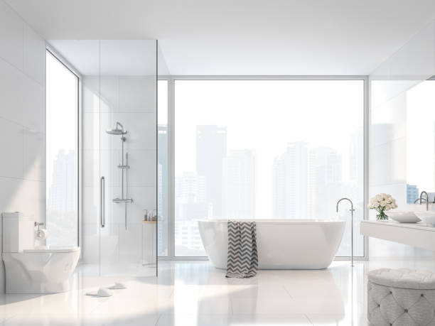 современная белая ванная комната с видом на город 3d визуализации - bathroom shower glass contemporary стоковые фото и изображения