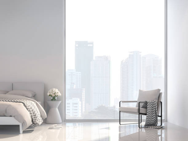 Minimal white bedroom with city view 3d render Minimal white bedroom with city view 3d render, Decorate with white fabric furniture ,The room has large windows,Sunlight shines into the room. hotel window view stock pictures, royalty-free photos & images