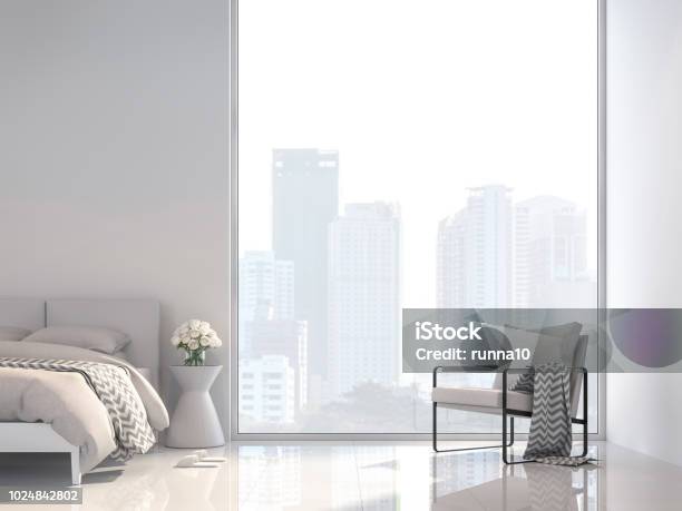 Minimal White Bedroom With City View 3d Render Stock Photo - Download Image Now - Bedroom, Luxury, Window