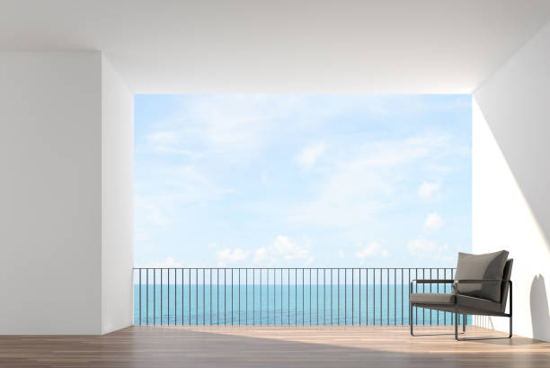 Minimal style terrace with sea view 3d render