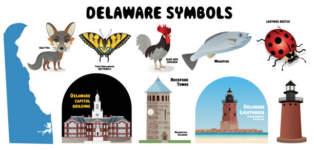 Delaware Symbols Vector Delaware Symbols

I have used 
http://legacy.lib.utexas.edu/maps/united_states/fed_lands_2003/delaware_2003.pdf
http://legacy.lib.utexas.edu/maps/united_states/fed_lands_2003/maryland_2003.pdf
address as the reference to draw the basic map outlines with Illustrator CS5 software, other themes were created by 
myself. delaware chicken stock illustrations