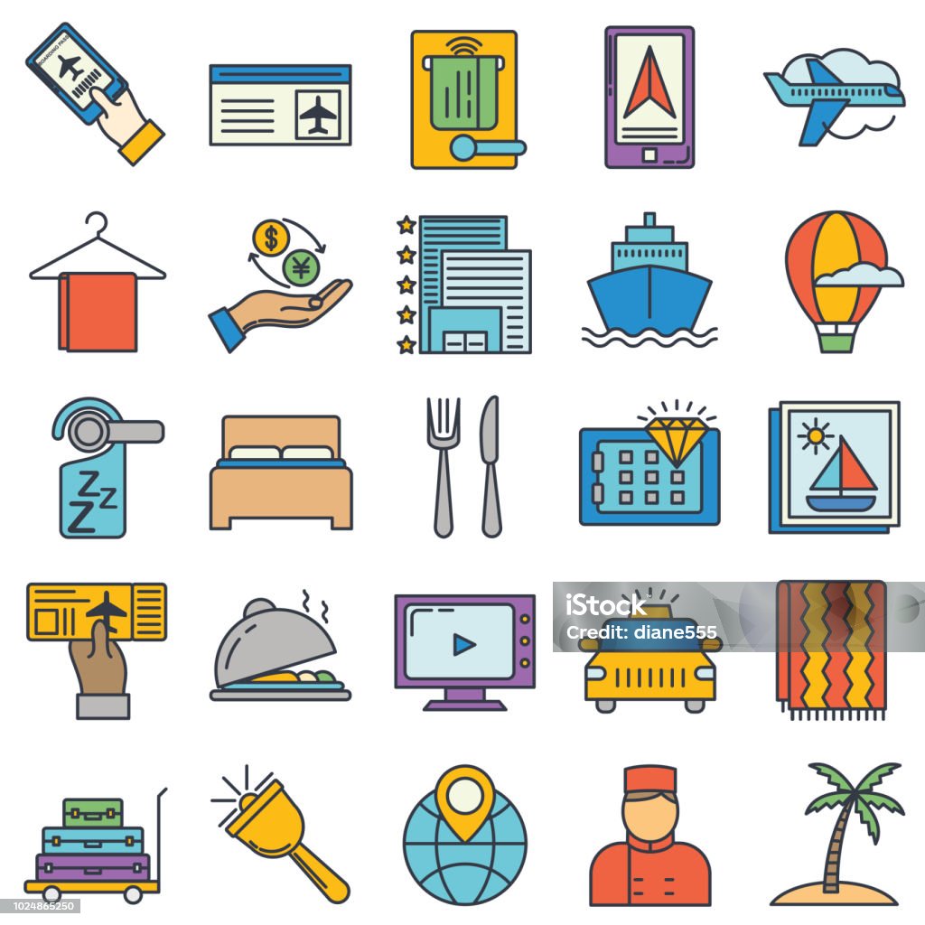 Thin Line Travel Icon Set Travel Icon in thin line flat design style. Airplane stock vector