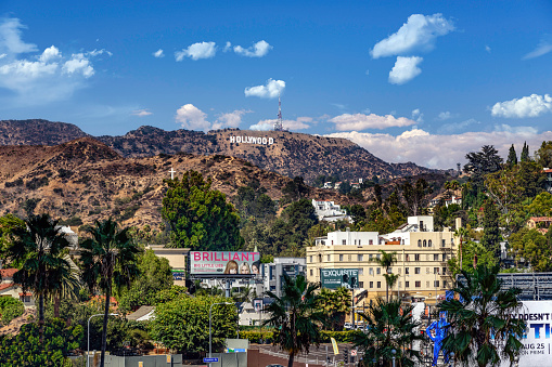 Hollywood, CA, USA - August 26, 2017: A symbol of the entertainment business, Hollywood features landmarks like the Hollywood Sign, the Chinese Theatre and the Hollywood Walk of Fame.