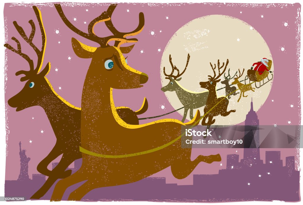 santa's reindeer New York Santa and reindeer flying over New York in hand print texture style Santa Claus stock vector