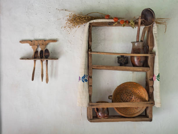 istock Rustic wooden kitchen shelving with tradition items stored on it 1024882358