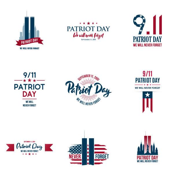 kumpulan berbagai grafik, kartu, dan spanduk, lambang, simbol, ikon, dan lencana hari patriot. ilustrasi patriotik as untuk ulang tahun 11 september. templat vektor hari patriot amerika. - twin towers manhattan ilustrasi stok