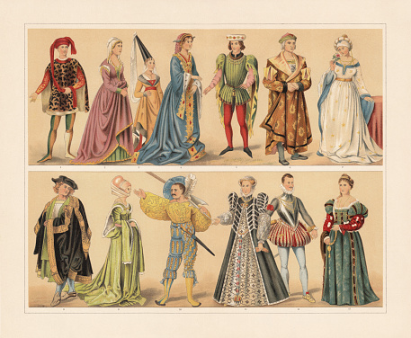 Renaissance costumes (15th and 16th century): 1 -2) Florentine nobleman and noblewoman (15th century); 3) Joanna of Flanders (1341); 4) Burgundian noblewoman (15th century); 5) French nobleman (1410); 6 - 7) German citizens (1480); 8) Nuremberg citizen (1500); 9) Nuremberg woman, going to the dance (1500); 10) Lansquenet (1530); 11) Catherine de' Medici, Queen of France (1545); 12) John of Austria (1547 - 1578); 13) Venetian noblewoman (after Titian's 