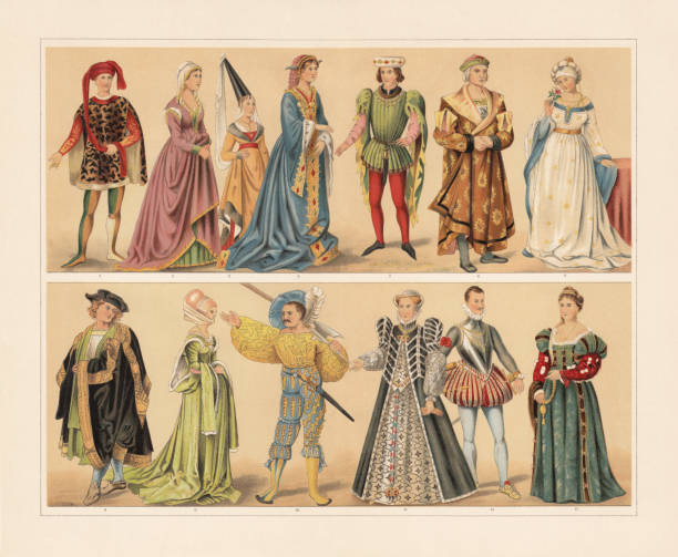 Renaissance costumes (15th and 16th century), chromolithograph, published in 1897 Renaissance costumes (15th and 16th century): 1 -2) Florentine nobleman and noblewoman (15th century); 3) Joanna of Flanders (1341); 4) Burgundian noblewoman (15th century); 5) French nobleman (1410); 6 - 7) German citizens (1480); 8) Nuremberg citizen (1500); 9) Nuremberg woman, going to the dance (1500); 10) Lansquenet (1530); 11) Catherine de' Medici, Queen of France (1545); 12) John of Austria (1547 - 1578); 13) Venetian noblewoman (after Titian's "La Bella", 1536). Chromolithograph, published in 1897. circa 15th century stock illustrations