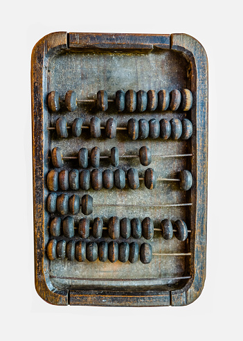 Ancient abacus calculation device. Very old, used, and grunge. Isolated on white background. Back to school, mathematics theme