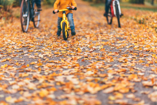 Family Cycling Through Fall Woodland , focus is on the leaves