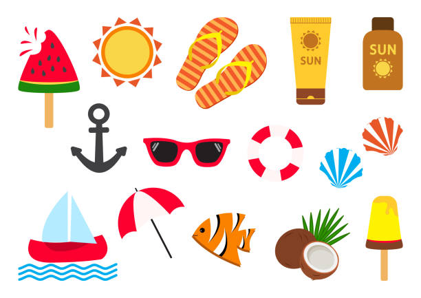 ilustrações de stock, clip art, desenhos animados e ícones de summer set. vector illustration - suntan lotion symbol ice umbrella