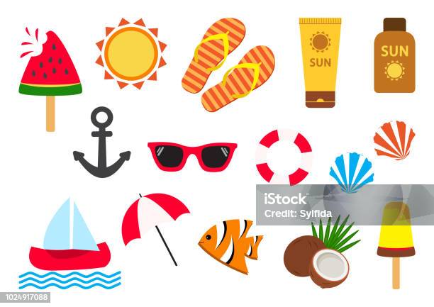 Summer Set Vector Illustration Stock Illustration - Download Image Now - Icon Symbol, Sun, Beach