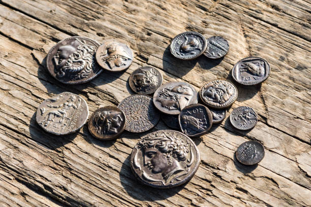 some Greek ancient coins stock photo
