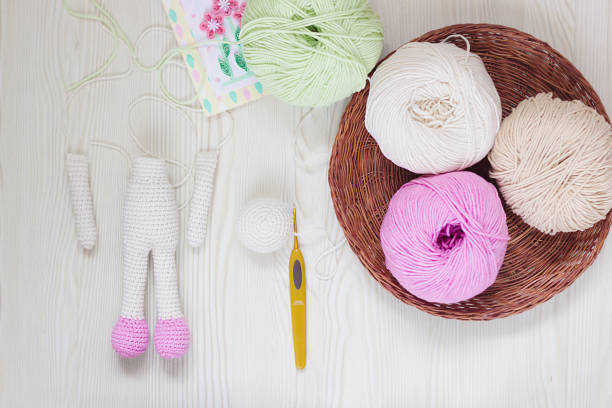 istock Threads in the basket. The process of creating a knitted toy. 1024926224
