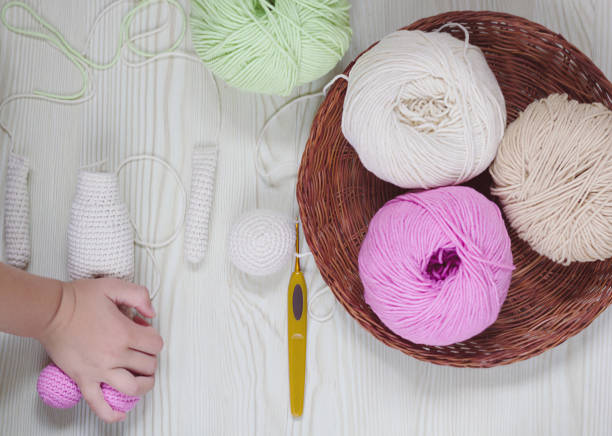 istock Threads in the basket. The process of creating a knitted toy. 1024926348