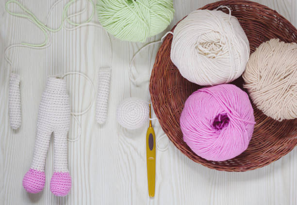 istock Threads in the basket. The process of creating a knitted toy. 1024926676
