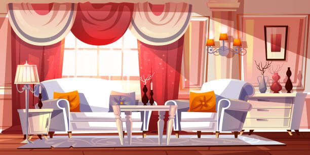 lounge-zimmer-luxus-interieur vektor-illustration - domestic room palace chandelier nobility stock-grafiken, -clipart, -cartoons und -symbole