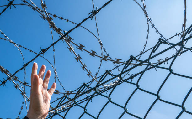 istock Cropped Hand By Razor Wire Fence 1024940392