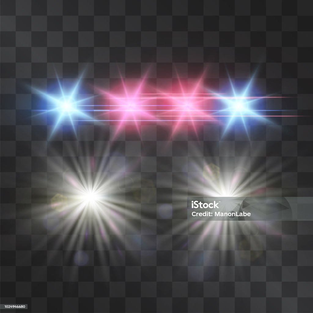 Police car vector lights on transparent background. Red and blue siren flashes, road warning lights, safety, justice and protection symbol, flares in the darkness. Night projectors. Lighting Equipment stock vector