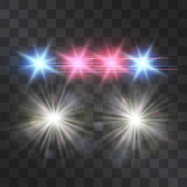 Police car vector lights on transparent background. Red and blue siren flashes, road warning lights, safety, justice and protection symbol, flares in the darkness. Night projectors. Police car vector lights on transparent background. Red and blue siren flashes, road warning lights, safety, justice and protection symbol, flares in the darkness. Night projectors. police lights stock illustrations