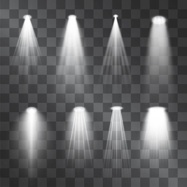ilustrações de stock, clip art, desenhos animados e ícones de silver light projector beams set. glowing stage illumination isolated on  transparent background.  show scene soffits to focus attention. performance soffits for banners, posters. - halo