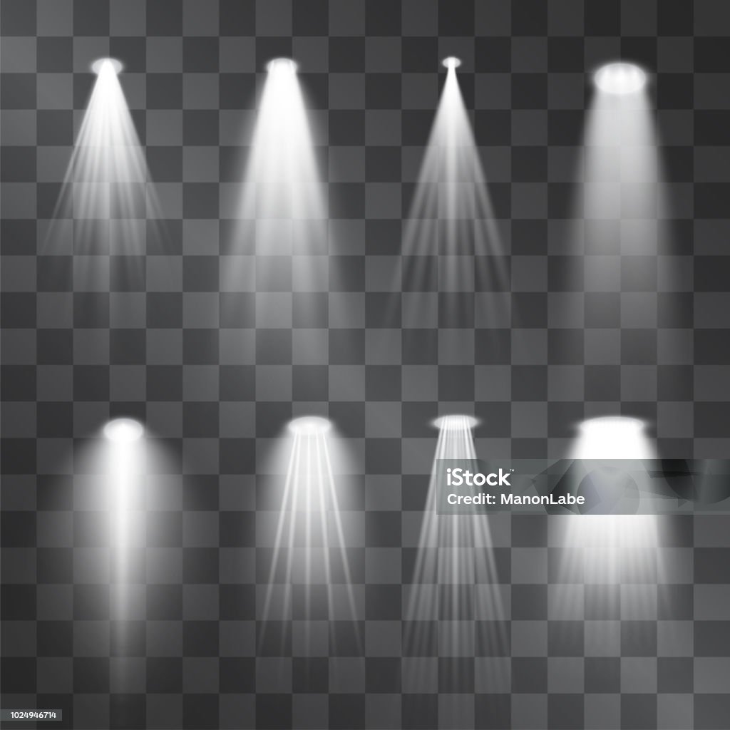 Silver light projector beams set. Glowing stage illumination isolated on  transparent background.  Show scene soffits to focus attention. Performance soffits for banners, posters. Halo - Symbol stock vector